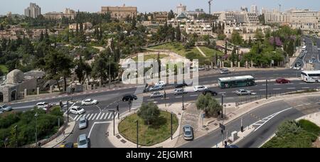 Elevated view of vehicles moving on the road, King David Hotel, Mishkenot Sha'ananim, New City, Jerusalem, Israel Stock Photo