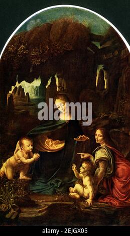 This image shows the painting Madonna in the Rock Grotto (also known as Virgin of the Rocks) by Leonardo DaVinci. Da Vinci did teo paintings on same topic and same name. This Virgin of the Rocks, which usually hangs in the Louvre, is considered by most art historians to be the earlier of the two and date from around 1483-1486. Most authorities agree that the work is entirely by Leonardo. Stock Photo