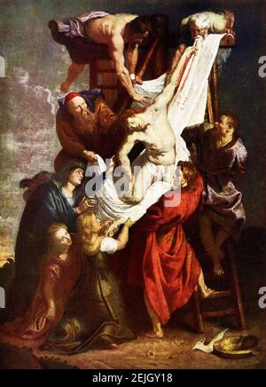 This images shows the Die Kreuzabnahme (The Taking down from the Cross) by Peter Paul Rubens. The Descent from the Cross is the central panel of a triptych painting by Peter Paul Rubens in 1612–1614. It is still in its original place, the Cathedral of Our Lady, Antwerp, Belgium, along with another great altarpiece The Elevation of the Cross. The subject was one Rubens returned to again and again in his career. Sir Peter Paul Rubens (1577-1640) was a Flemish artist and diplomat from the Duchy of Brabant in the Southern Netherlands who lived during the Dutch Golden Age. He is considered the most Stock Photo