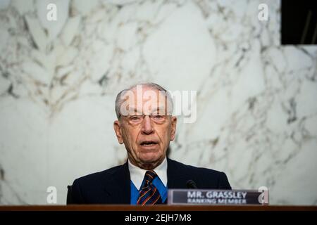 Washington, USA. 22nd Feb, 2021. WASHINGTON, DC - FEBRUARY 22: Ranking member Sen. Chuck Grassley (R-IA) speaks during Attorney General nominee Merrick Garland's confirmation hearing before the Senate Judiciary Committee in the Hart Senate Office Building on February 22, 2021 in Washington, DC. Garland previously served as the Chief Judge for the U.S. Court of Appeals for the District of Columbia Circuit. (Photo by Al Drago/Pool/Sipa USA) Credit: Sipa USA/Alamy Live News Stock Photo