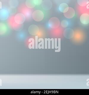Light gray blue defocused background with multicolor bokeh. Mockup for product display blurred pastel background. Colored lights. Copy space. Vector i Stock Vector