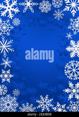 White frosty snowflake frame on blue background. Fine designed white Frosty snowflake pattern in frame design. Christmas frame. Stock Vector