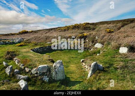 The Holyhead Mountain Hut Circles are the remains of a group of prehistoric huts near Trearddur Bay on Holy Island, Anglesey, Wales. Stock Photo