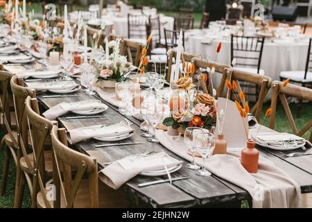 Wedding decor rustic style, table decoration, boho style Stock Photo