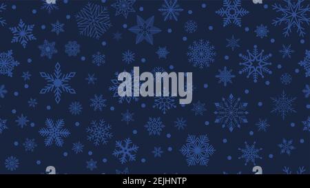 Seamless blue frosty snowflakes on dark blue background. Fine designed blue Frosty snowflake pattern in background design. Christmas background. Stock Vector