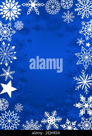 White frosty snowflake frame on blue background. Fine designed white Frosty snowflake pattern in frame design. Christmas frame. Stock Vector