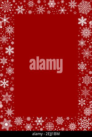 White frosty snowflake frame on red background. Fine designed white Frosty snowflake pattern in frame design. Christmas frame. Stock Vector