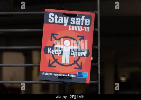 Stay safe Covid-19 Keep apart south lanarkshire social distancing sign, Hamilton, Scotland, UK Stock Photo