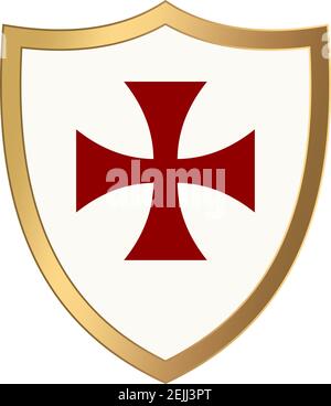 Knight Shield with gold frame and red cross pattee on white isolated background. Stock Vector