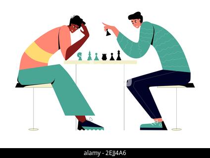 Chess game. Trendy flat illustration. People play chess.Teamwork and competition. Chess pieces. Vector graphics. Stock Vector