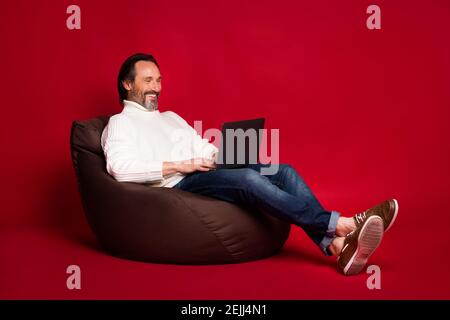 Full size photo of mature happy positive smiling man sit armchair working in laptop isolated on red color background. Stock Photo