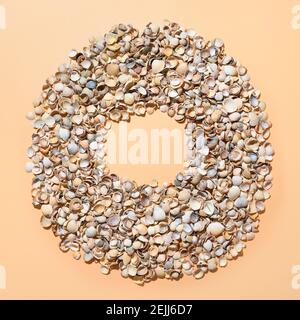 Seashells as wreath with copy space on beige background. View from above. Stock Photo