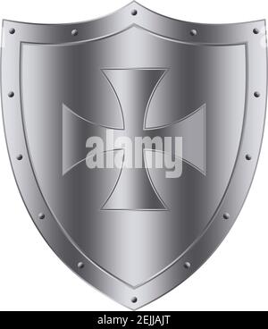 Medieval Knight Shield vector in silver on white isolated background. Stock Vector