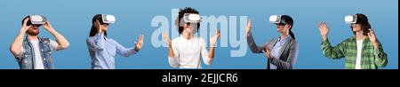 Millennials In VR Headsets Experiencing Virtual Reality, Blue Background, Collage Stock Photo