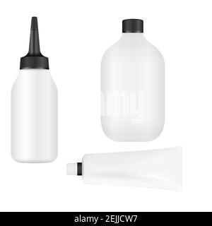 Hair dye bottle set. Hair painting packaging mock up. Color cream, peroxide products. Plasitc tube vector mockup Stock Vector
