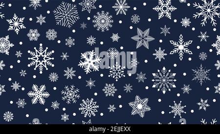 Seamless White frosty snowflakes on dark blue background. Fine designed white Frosty snowflake pattern in background design. Stock Vector