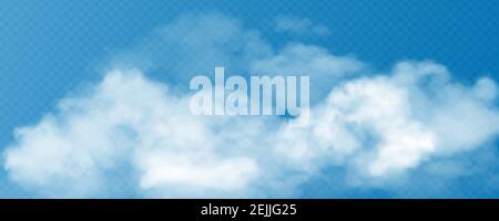Realistic white cumulus clouds on transparent background. Vector illustration of 3d smoke or fog. Natural mist design element for banner, poster, web Stock Vector