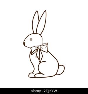 Contour drawing of a cute rabbit with a bow. Doodles for your creativity. Suitable for childrens coloring pages or Easter cards. Hand-drawn vector ill Stock Vector