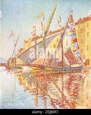 This image shows Sailing Boats in St Tropez Harbor (also called Flagged Sailboats in Port) by Paul Signac. It dates to 1893. Paul Victor Jules Signac (1863 –1935) was a French Neo-Impressionist painter who, working with Georges Seurat, helped develop the Pointillist style, developing the technique in 1886, branching from Impressionism. The term 'Pointillism' was coined by art critics in the late 1880s to ridicule the works of these artists. Pointillism is a technique of painting in which small, distinct dots of color are applied in patterns to form an image. Stock Photo