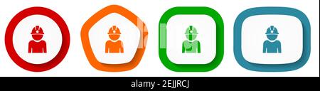 Miner, worker, job, man, helmet vector icon set, flat design buttons on white background Stock Vector