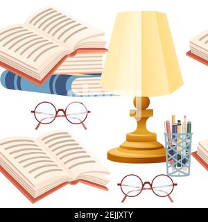 Seamless pattern items for desk workplace concept for home workstation with pile of books and desk lamp flat vector illustration on white background Stock Vector