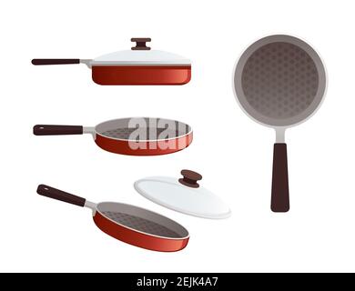 Set of red metal frying pan with wooden handle and with glass lid vector illustration on white background Stock Vector