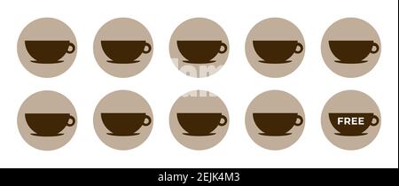 Coffee loyalty card template. Buy 9 cups and get 1 for free. Take away coffee cups icons for cafe. Isolated on white background Stock Vector