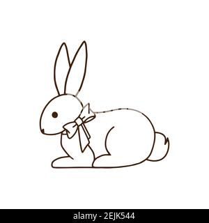 Contour drawing of a cute rabbit with a bow. Doodles for your creativity. Suitable for childrens coloring pages or Easter cards. Hand-drawn vector ill Stock Vector