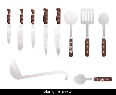 Set of different kitchenware and utensils cooking equipment kitchenware vector illustration on white background Stock Vector