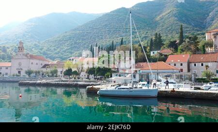 Lustica, Montenegro - 15.10.2020: Luxury yacht in Kotor marina, Montenegro Stock Photo