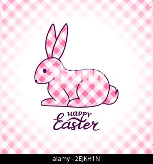 Cute rabbit on a checkered background. Suitable for Easter cards, invitations, posters, as well as for the covers of diaries and notebooks. Hand-drawn Stock Vector