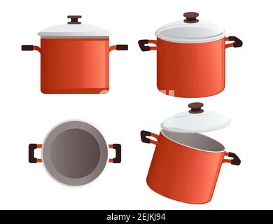 Set of stainless red saucepan with glass lid and wooden handle cooking equipment kitchenware vector illustration on white background Stock Vector
