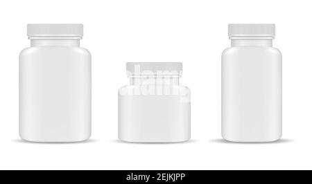 Pill bottle. Plastic supplement container blank. vector pill jar, pharmaceutical capsule package mockup, medical tablet template. Health medicament pa Stock Vector