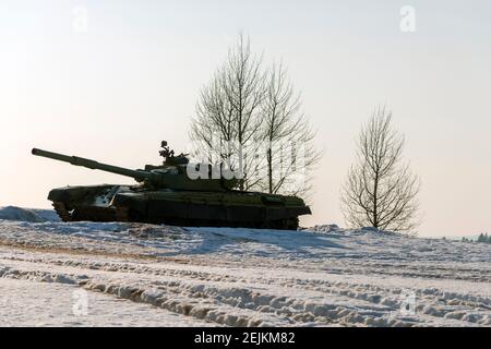 Old Russian tanks in Minsk, Belarus. This is place of largest tank battle in the history of WW II. Stock Photo