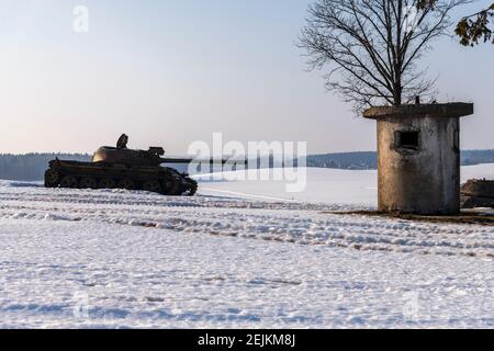 Old Russian tanks in Minsk, Belarus. This is place of largest tank battle in the history of WW II. Stock Photo