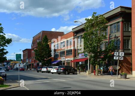 Historic Buildings on Railroad Street in downtown St. Johnsbury, Vermont VT, USA. Stock Photo