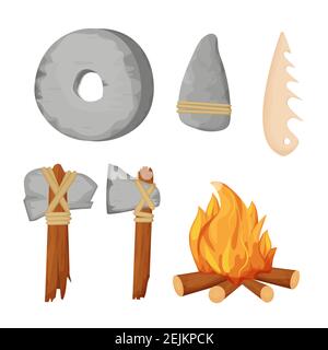 Stone age primitive tools, weapon set with bonfire, axe, wheel, sharpen rock and bone in cartoon style isolated on white background stock vector illus Stock Vector