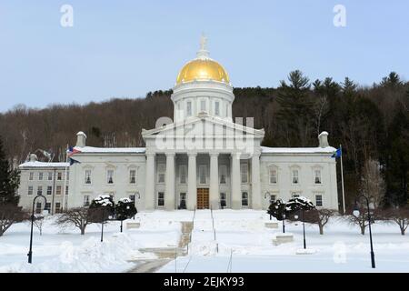 Vermont State House in winter, Montpelier, Vermont VT, USA. Vermont State House is Greek Revival style built in 1859. Stock Photo