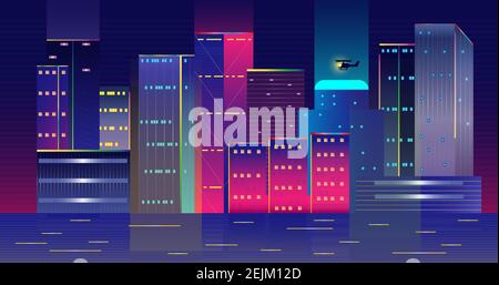 Neon glow buildings landscape. City architecture vector illustration Stock Vector