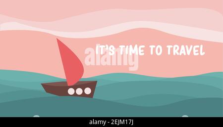 Sea landscape in boho minimal style. Time to travel illustration Stock Vector