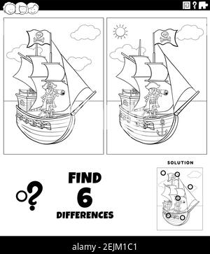 Black and white cartoon illustration of finding the differences between pictures educational game for kids with pirate and his ship coloring book page Stock Vector