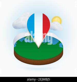 Isometric round map of Luxembourg and point marker with flag of Luxembourg. Cloud and sun on background. Isometric vector illustration. Stock Vector