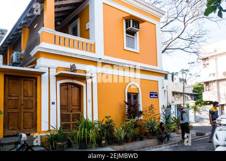 Bright color painted house in French quarter at Pondicherry, Tamil Nadu, India Stock Photo