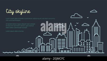 City landscape template. Thin line night City landscape. Downtown landscape with high skyscrapers on dark. Panorama architecture Goverment buildings o Stock Vector
