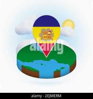 Isometric round map of Andorra and point marker with flag of Andorra. Cloud and sun on background. Isometric vector illustration. Stock Vector