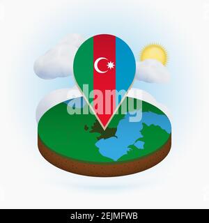 Isometric round map of Azerbaijan and point marker with flag of Azerbaijan. Cloud and sun on background. Isometric vector illustration. Stock Vector