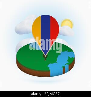 Isometric round map of Armenia and point marker with flag of Armenia. Cloud and sun on background. Isometric vector illustration. Stock Vector