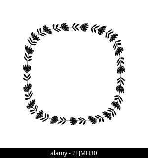 Decorative black round frame with flowers. Pattern based on traditional folk art ornaments. Scandinavian style. Luxury floral mandala. Vintage Stock Vector