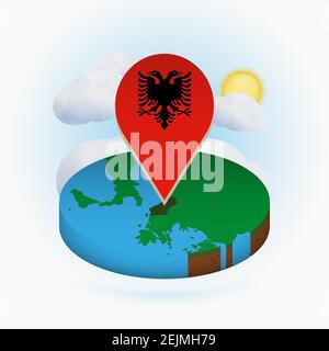 Isometric round map of Albania and point marker with flag of Albania. Cloud and sun on background. Isometric vector illustration. Stock Vector