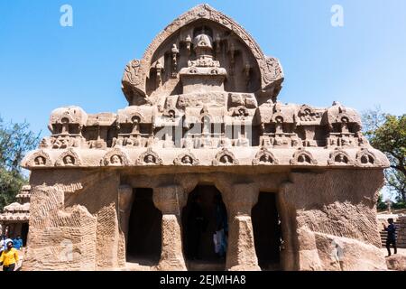 Close up of monolithich Indian rock-cut architenture on the Pancha ratha complex in Mahabalipuram Stock Photo